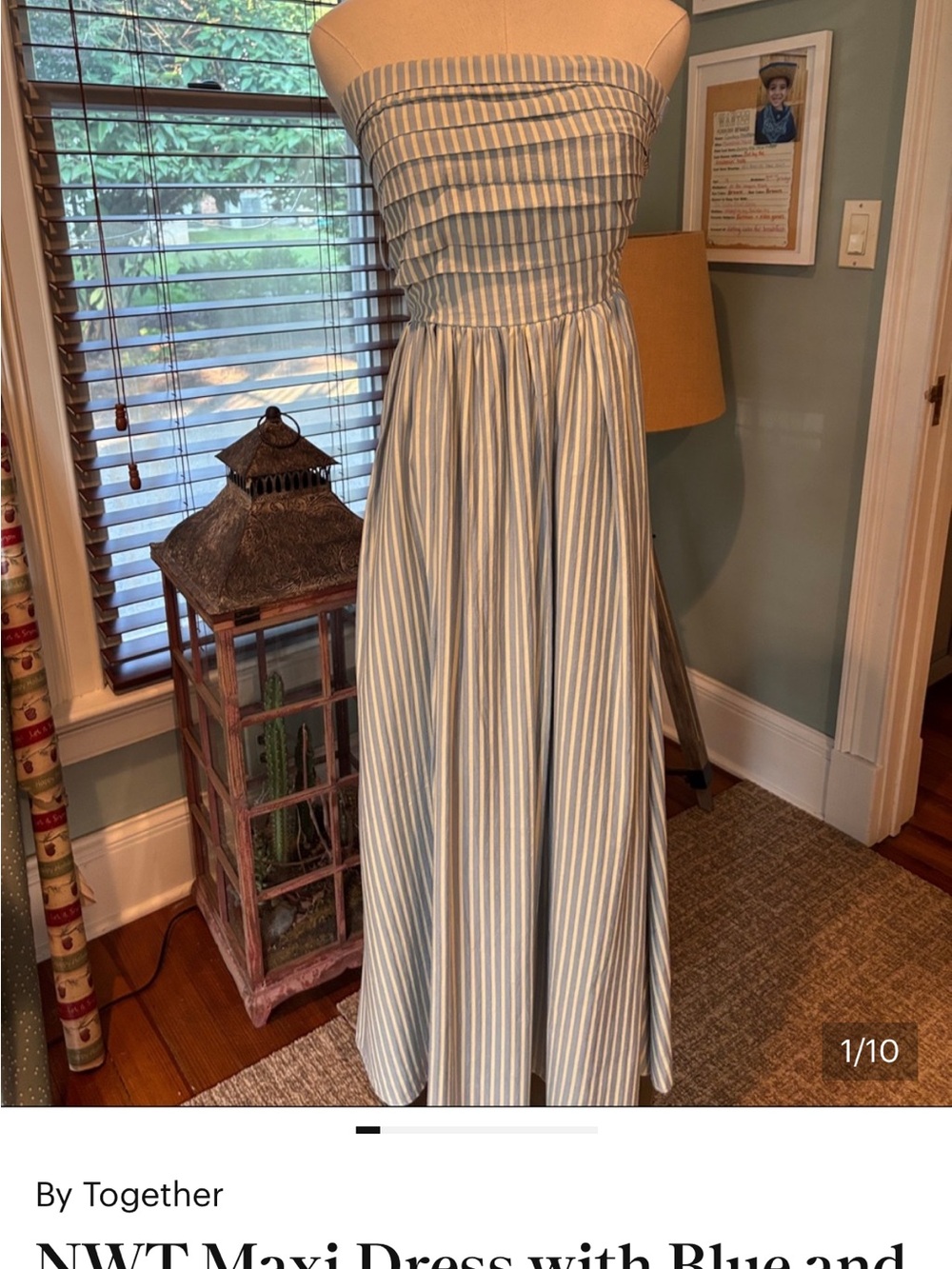 NWT Cottage Core Blue and White Strapless Maxi Dress with Pockets